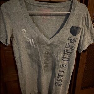 PINK Victoria's Secret Gray V‑Neck Tee with Heart Graphic